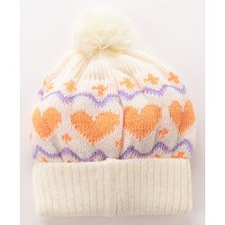 Babyhug Woollen Cap with Heart & Bear Design Beige - Diameter 9 cm