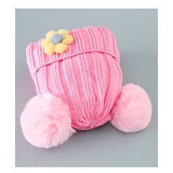 Babyhug Woollen Pom Pom Cap Floral Applique Medium Size - Pink