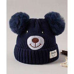 Babyhug Pom Pom Ears Woollen Cap Bear Face Design - Navy Blue