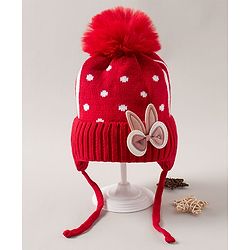 Babyhug Pom Pom Woollen Polka Dotted Cap with Knot Small Size - Red