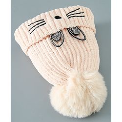Babyhug Woollen Cap Kitten Embroidery & Applique with Pom Pom - Beige