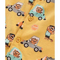 Babyhug Cotton Knit Half Sleeves Vehicle Print Night Suit - Yellow