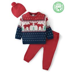 Babyhug Organic Cotton Knit Full Sleeves Reindeer Design Sweater Set with Cap - Red & Navy Blue