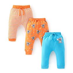 Babyhug Cotton Knit Full Length Diaper Pants Koala Print Pack of 3 - Orange & Blue