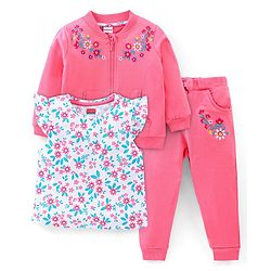 Babyhug 100% Cotton Full Sleeves Sweatshirt With Top & Lounge Pant Floral Print & Embroidery- Pink