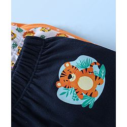 Babyhug Cotton Knit Full Length Diaper Pants Paws Print Pack of 3 - Orange Off White & Navy
