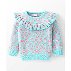Babyhug Knit Full Sleeves Pullover Sweater Floral Design - White & Blue