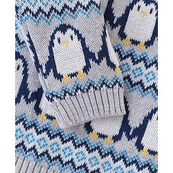 Babyhug Organic Cotton Full Sleeves Sweater Set with Cap Penguin Design - Grey & Navy