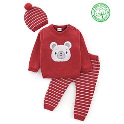 Babyhug Knit Full Sleeves Sweater Set Teddy Embroidery - Red