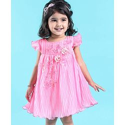 Babyhug Flutter Sleeves Pleated A Line Party Frock With Floral Embroidery- Pink