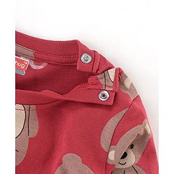 Babyhug Cotton Knit Full Sleeves Night Suit Bear Print - Red & Maroon