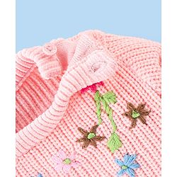 Babyhug Knitted Full Sleeves Sweater With Floral Embroidery - Peach