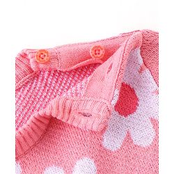 Babyhug Organic Cotton Knit Full Sleeves Sweater Set With Cap Floral Design - Light Pink