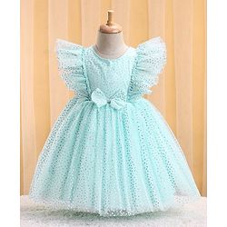 Babyhug Woven Sleeveless Polka Glitter Printed Party Frock - Mint