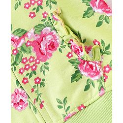 Babyhug Cotton Knit Full Sleeves Hooded Sweat Jacket With Frill Detailing & Floral Print - Green
