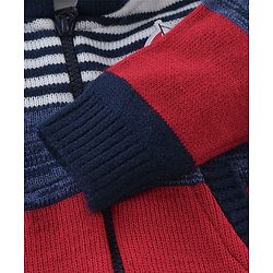 Babyhug Full Sleeves Striped Hooded Sweater - Blue & Red