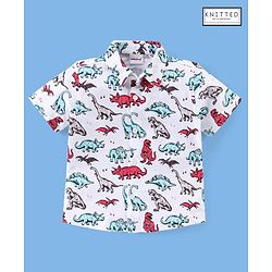 Babyhug Cotton Knitted Half Sleeves Dino Print Shirt- White
