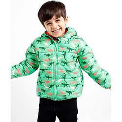 Babyhug Woven Full Sleeves Jacket With Hood & Dino Print - Green