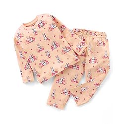 Babyhug Cotton Knit Full Sleeves Night Suit With Bunny Print - Peach