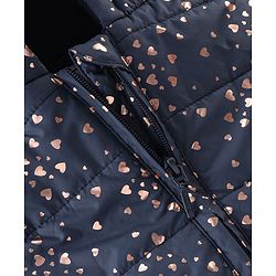 Babyhug Woven Full Sleeves Hooded Quilted Jacket Heart Print - Navy Blue