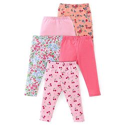 Babyhug Cotton Lycra Knit Full Length Leggings Floral & Fruity Print Pack of 5 - Pink Blue & Peach