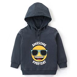 Babyhug Cotton Knit Full Sleeves Sweatshirt with Hood & Emoji Graphic - Grey