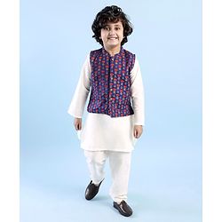 Babyhug 100% Cotton Full Sleeves Kurta & Pyjama Set With Waist Coat Ikat Print - White & Blue
