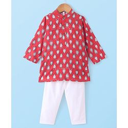 Babyhug 100% Cotton Woven Kurta Pyjama Set With Leaves Print - Red