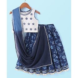 Babyhug 100% Cotton Sleeveless Choli With Lehenga And Dupatta Set Sequenced Embroidered & Floral Print - Navy Blue