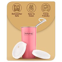 Babyhug Stainless Steel Tumbler with Straw 450 ml, Pink | Leak-Resistant | BPA Free | Silicone Straw | Dishwasher Safe | Travel Friendly | Ideal for Newborns & Toddlers