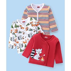 Babyhug 100% Cotton Full Sleeves Front Open Vest Foxy Printed Pack of 3 - Red & White