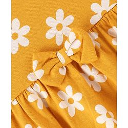 Babyhug 100% Cotton Knit Short Sleeves Dress with Bow Flowers Print - Yellow