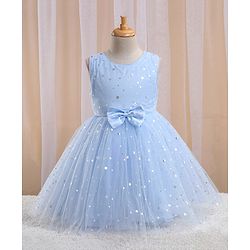 Babyhug Sleeveless Foil Printed with Bow Applique Flared Party Frock - Powder Blue
