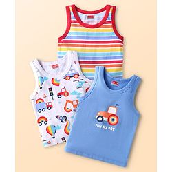 Babyhug 100% Cotton Knit Sleeveless Sando Tractors Print Pack of 3 - Multicolour