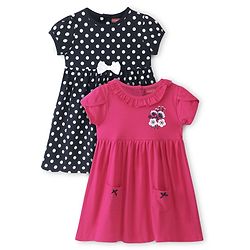 Babyhug 100% Cotton Knit Half Sleeves Frocks Polka & Floral Print Pack of 2 - Multicolor