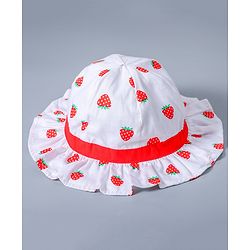 Babyhug Cotton Bucket Hat Strawberry Print with Bow White - Diameter 16 cm