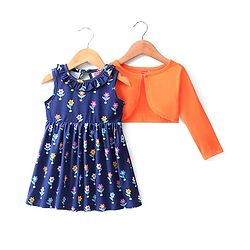 Babyhug 100% Cotton Knit Frock with Full Sleeve Shrug Floral Print - Navy Blue & Orange