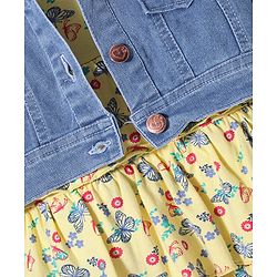 Babyhug 100% Cotton Knit Butterfly Printed Frock with Full Sleeves Denim Jacket - Yellow