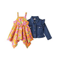Babyhug Sleeveless Floral Printed Frock with Jacket - Orange