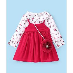 Babyhug 100% Viscose Rayon Woven Full Sleeves Floral Printed Frock with Sling Bag - Red