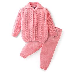 Babyhug Knitted Full Sleeves Sweater Set with Cable Knit Design - Pink