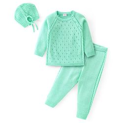 Babyhug Cable Knitted Woollen Cap with Teddy Bear Applique & Pom Pom - Khaki main image 0