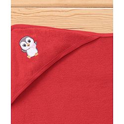 Babyhug Cotton Knit Hooded Bath Towel Penguin Embroidery L 80 x B 70 cm - Red