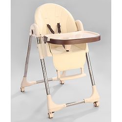 Babyhug Multifunctional Portable High Chair with 5 Level Height Adjustment -Beige| Compact Fold| Removable Wheels with Lock| Removable Double Food Tray| Cushion Seat