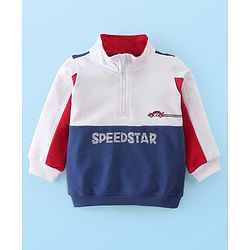 Babyhug Cotton Full Sleeves High Neck Sweatshirt With Graphics- White & Navy