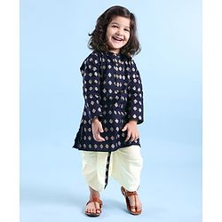 Babyhug 100% Cotton Knit Foil Printed Full Sleeves Kurta with Dhoti Set - Navy Blue