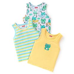 Babyhug 100% Cotton Sleeveless Sando Froggy Printed Pack of 3 - Blue Green & Yellow