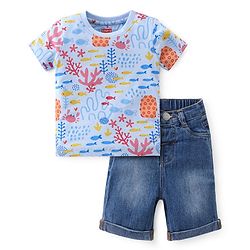 Babyhug Half Sleeves T-Shirt & Denim Shorts Set Marine Life Print - Multicolor & Blue