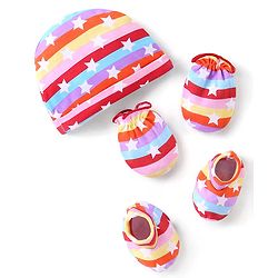 Babyhug 100% Cotton Knit Cap Mittens & Booties Set Star Print - Multicolour