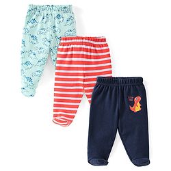 Babyhug Cotton Knit Dino Print Footed Pants Pack of 3 - Blue & Red
